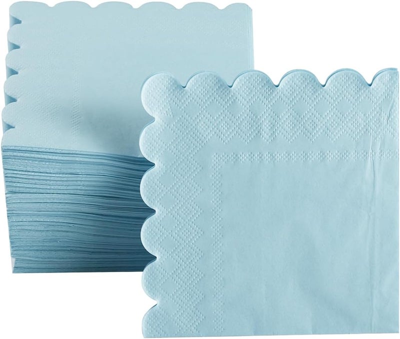 BEFORYOU 200 Pack Cocktail Napkin 2-Ply Scalloped Edged Dessert Napkins Folded 5 x 5 Inches Disposable Napkins for Dinner Wedding Birthday Party Bridal Anniversary Reception Event (Light Blue) - Image 4